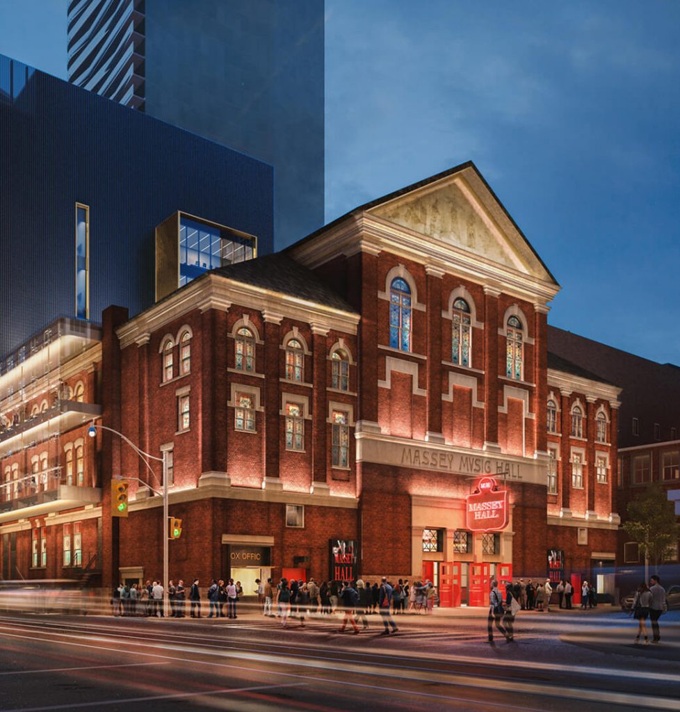 Evening rendering of Massey Hall transformation and the Allied Music Centre in background.
