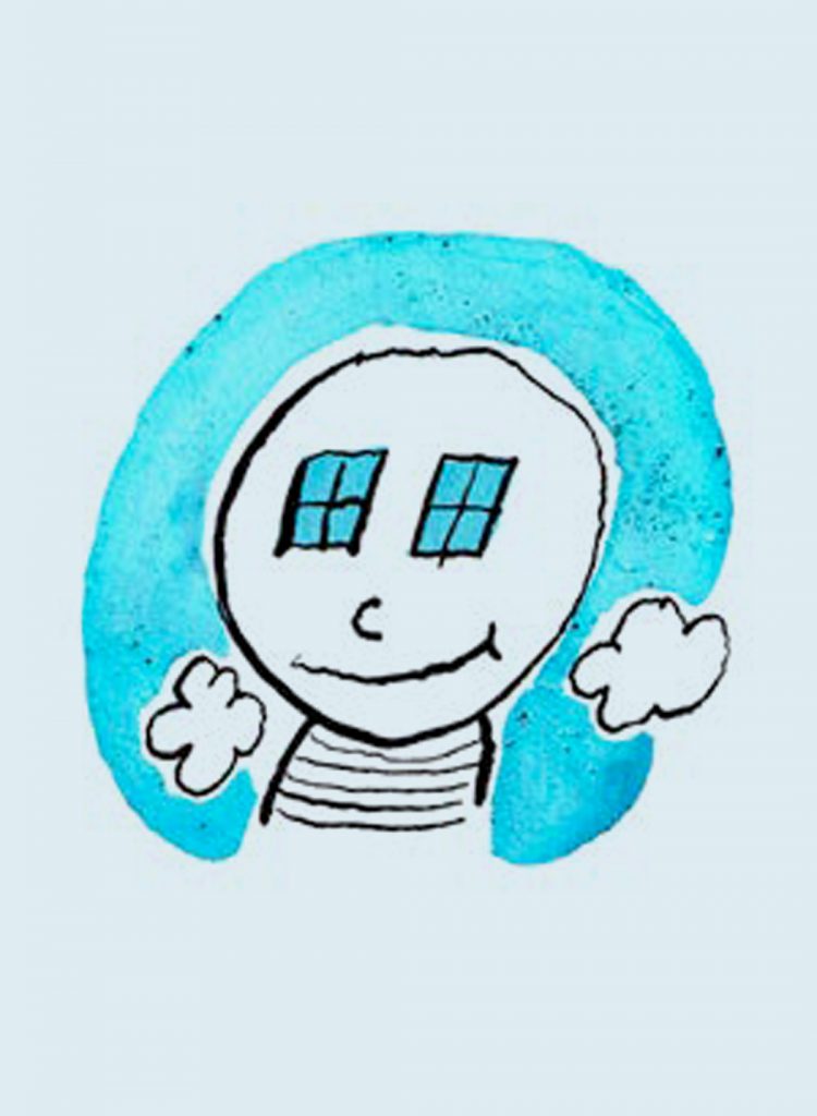Sketch of character smiling with a blue aura around their head. 