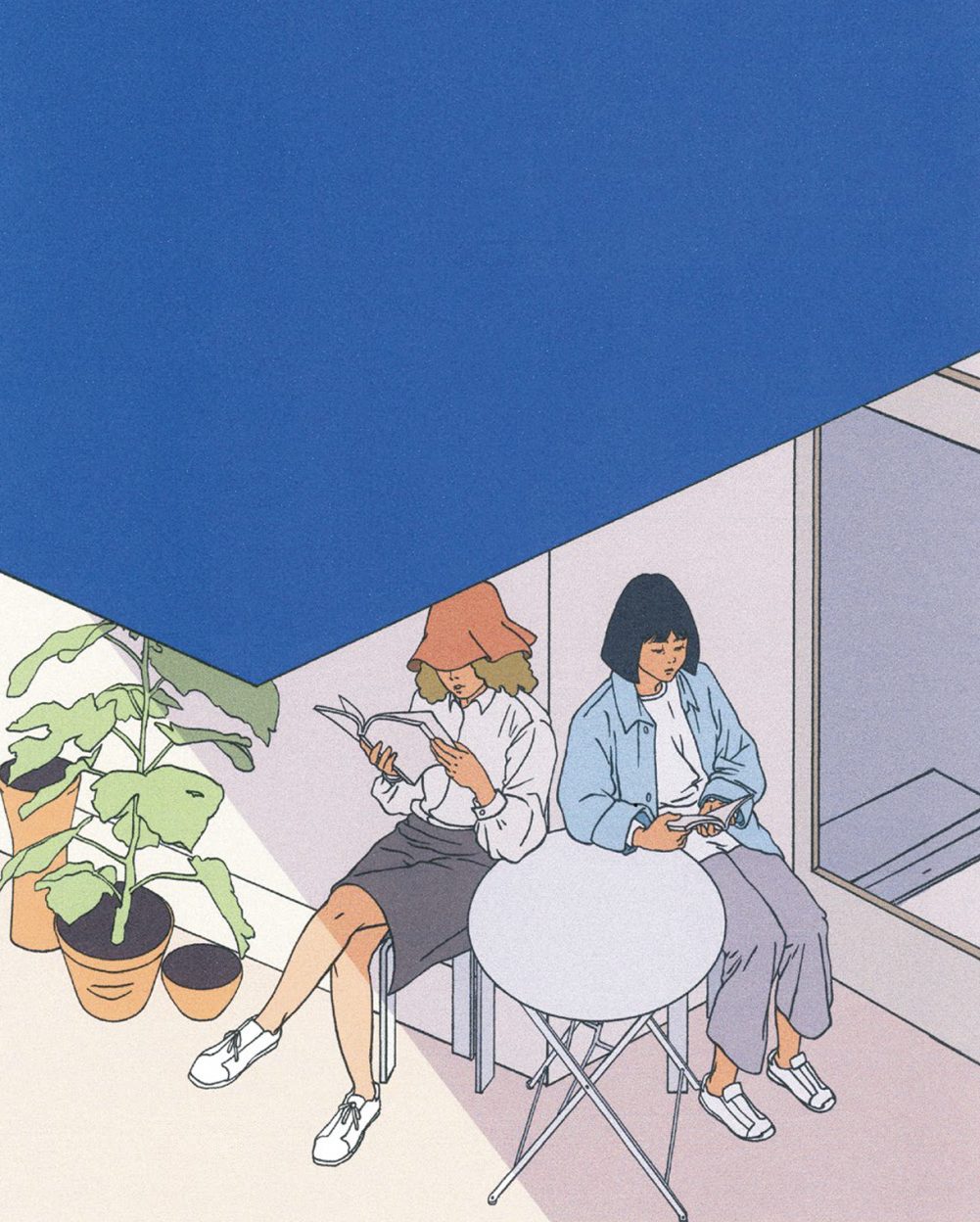 Illustration of 2 women sitting at small cafe table reading. An awning blocks the sun and a few plants sit beside them.
